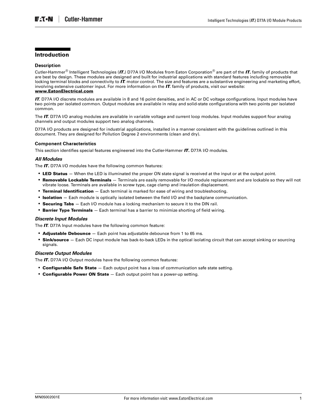 Eaton Electrical D77A user manual Introduction, All Modules, Discrete Input Modules, Discrete Output Modules 