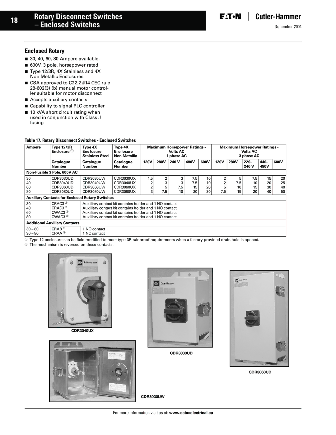 Eaton Electrical manual Rotary Disconnect Switches Enclosed Switches, Enclosed Rotary, Additional Auxiliary Contacts 