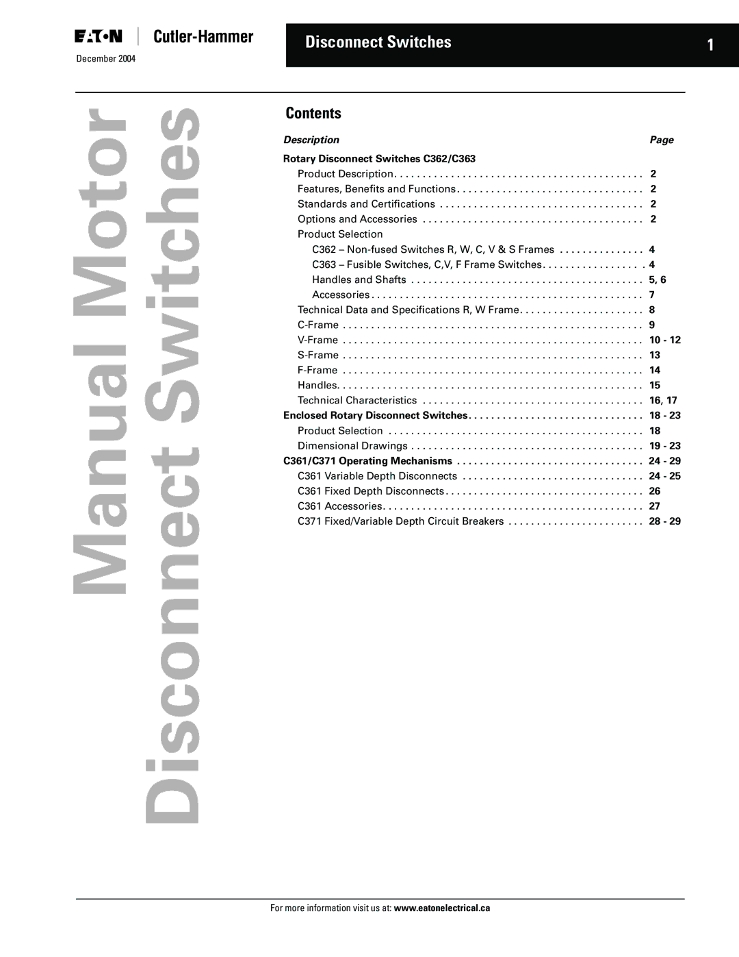 Eaton Electrical Disconnect Switches manual Contents 