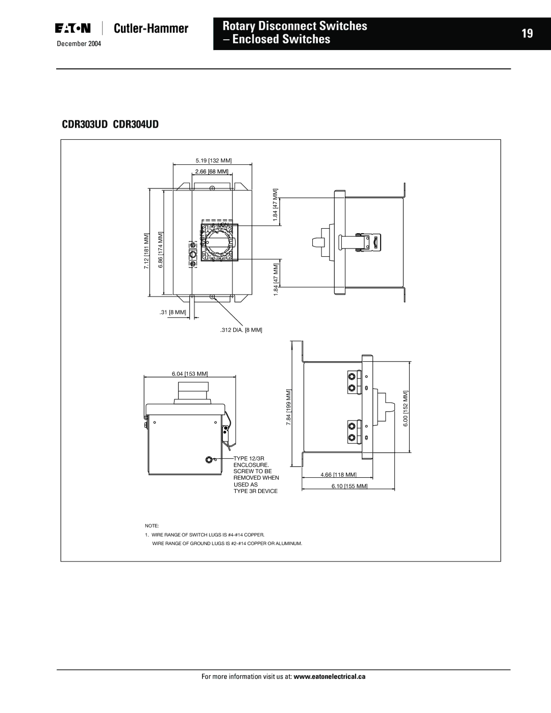 Eaton Electrical manual Rotary Disconnect Switches Enclosed Switches Variable Depth, CDR303 