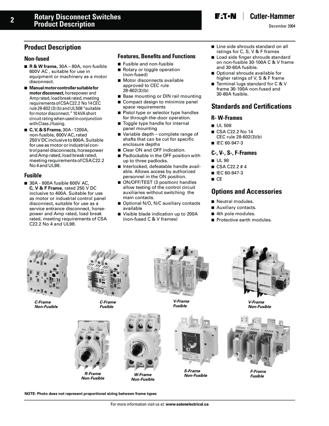 Eaton Electrical Disconnect Switches manual Product Description, Standards and Certiﬁcations, Options and Accessories 