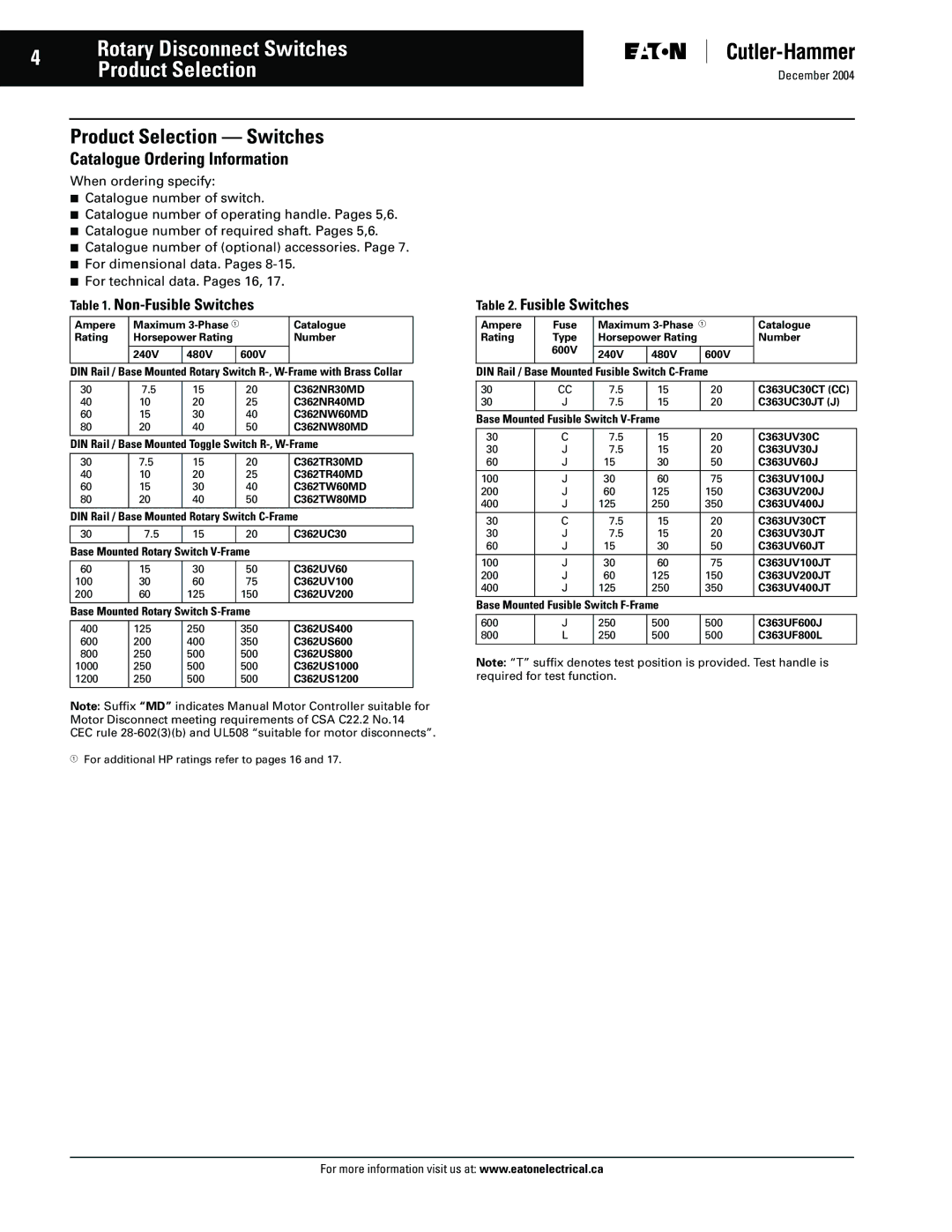 Eaton Electrical Disconnect Switches manual Product Selection Switches, Catalogue Ordering Information 