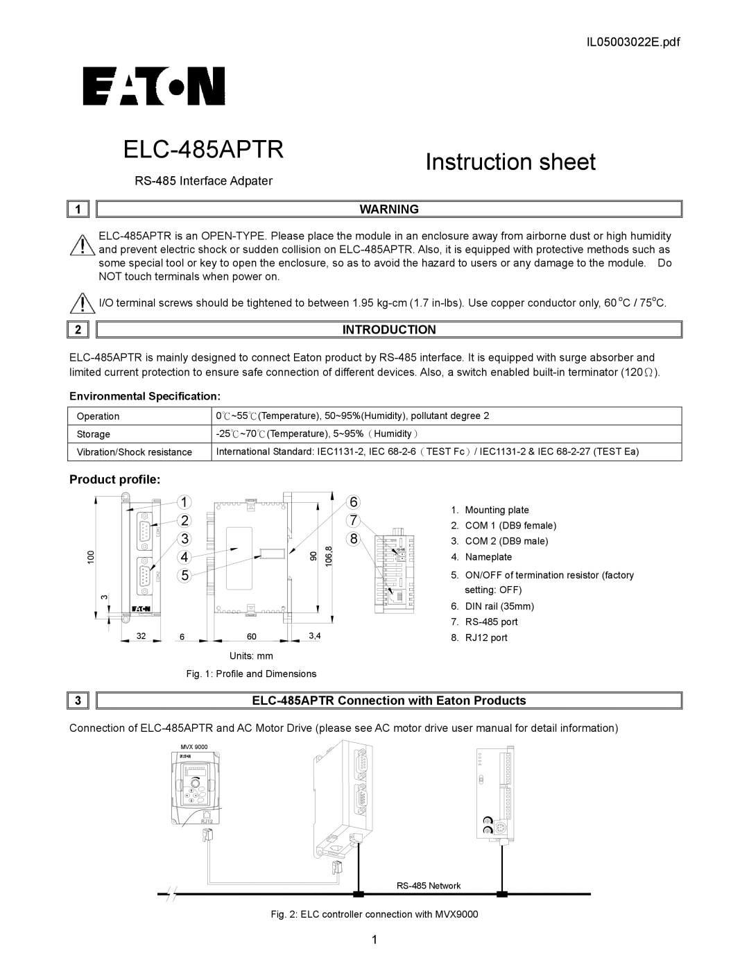 Eaton Electrical ELC-485APTR instruction sheet Instruction sheet, Introduction, Product profile 