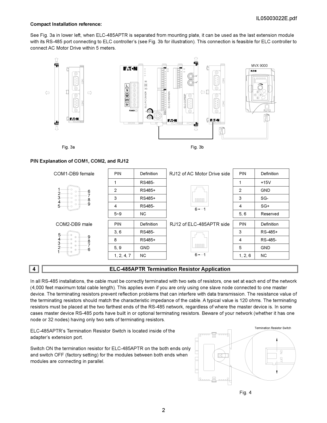 Eaton Electrical instruction sheet ELC-485APTR Termination Resistor Application, Compact Installation reference 