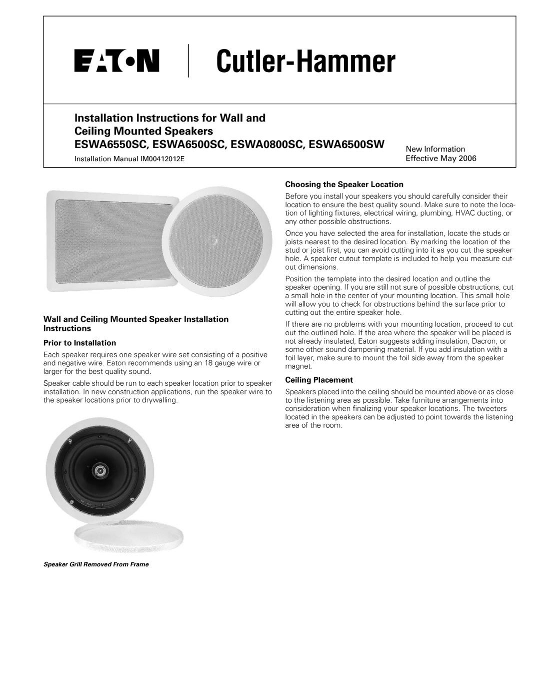 Eaton Electrical ESWA6550SC installation instructions Wall and Ceiling Mounted Speaker Installation Instructions 