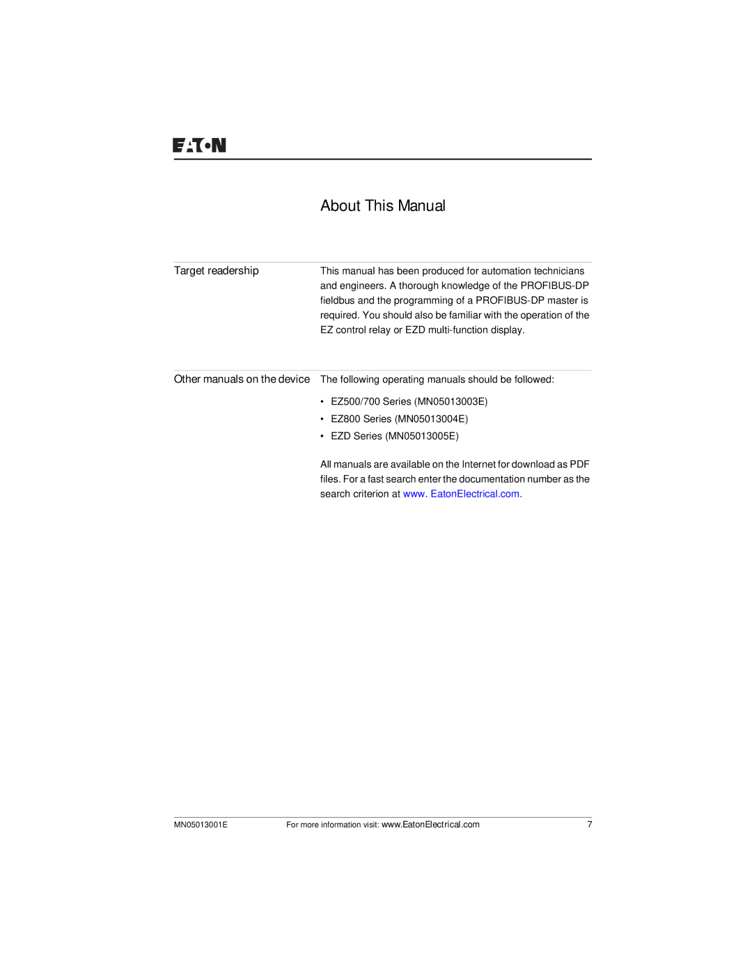 Eaton Electrical EZ204-DP user manual About This Manual, Target readership 