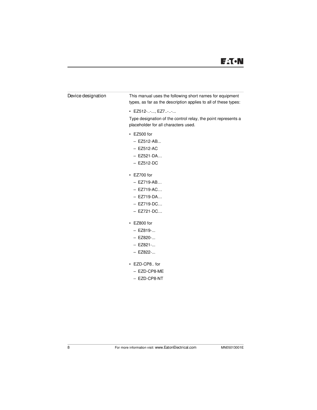 Eaton Electrical EZ204-DP user manual Device designation 