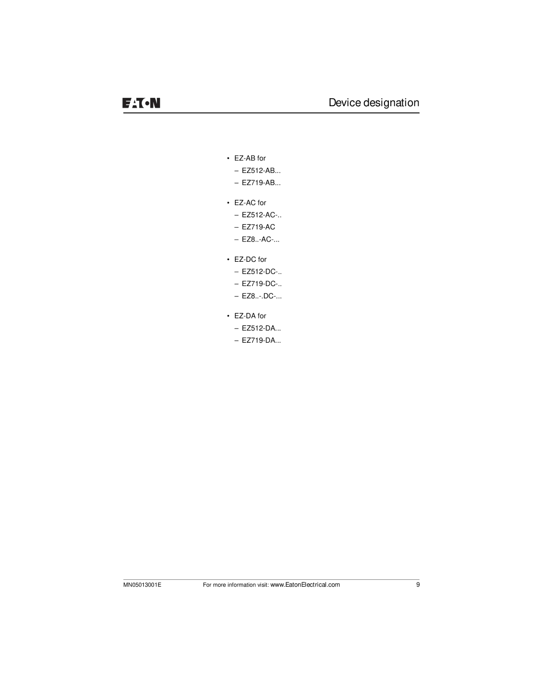 Eaton Electrical EZ204-DP user manual Device designation 