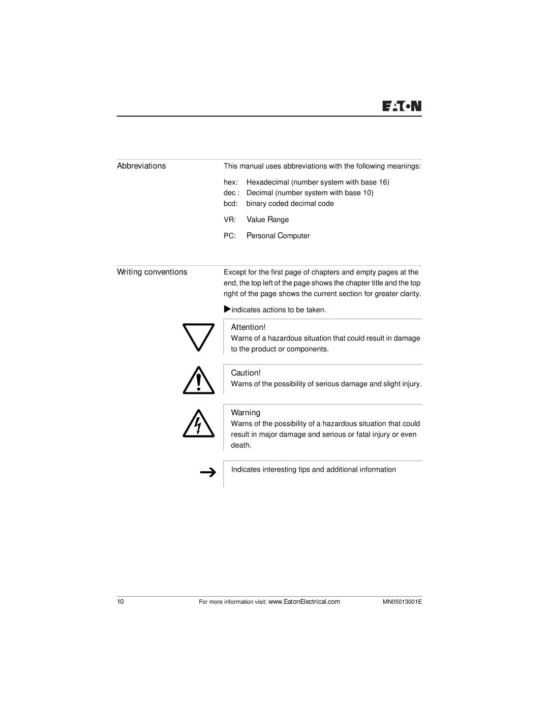 Eaton Electrical EZ204-DP user manual Abbreviations, Writing conventions 