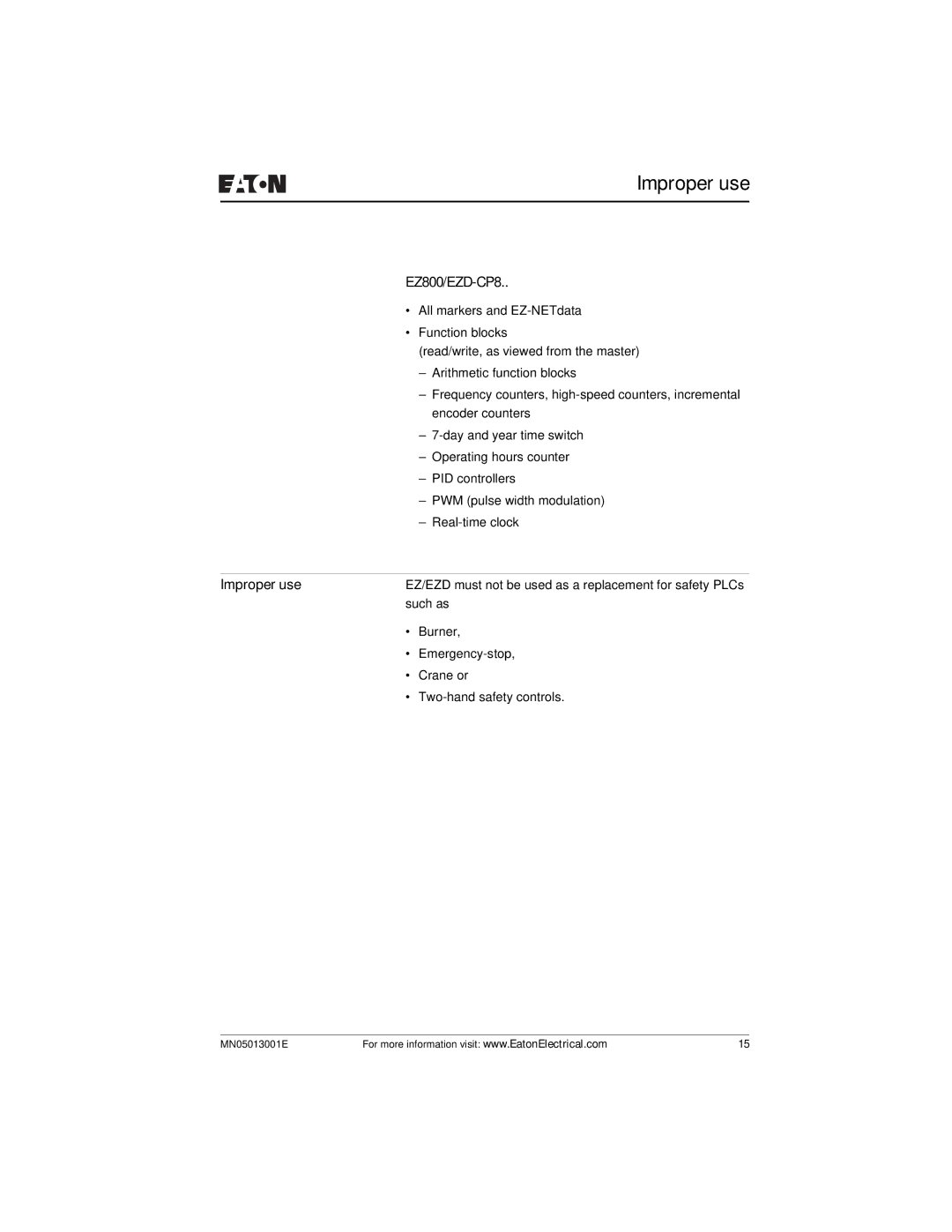 Eaton Electrical EZ204-DP user manual Improper use, EZ800/EZD-CP8 