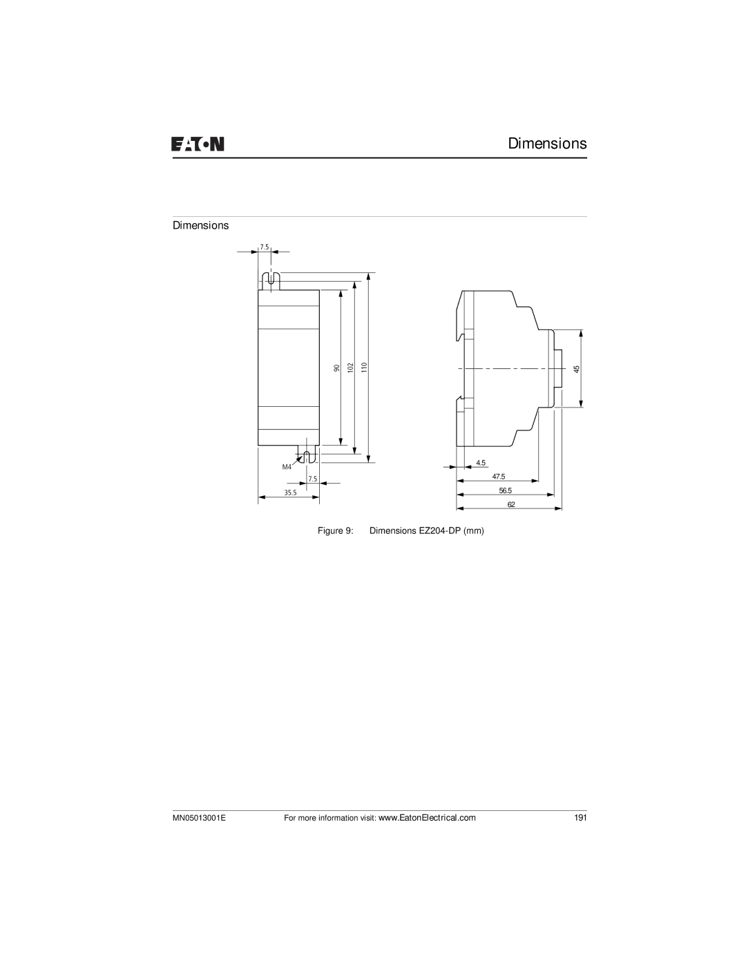 Eaton Electrical EZ204-DP user manual Dimensions 