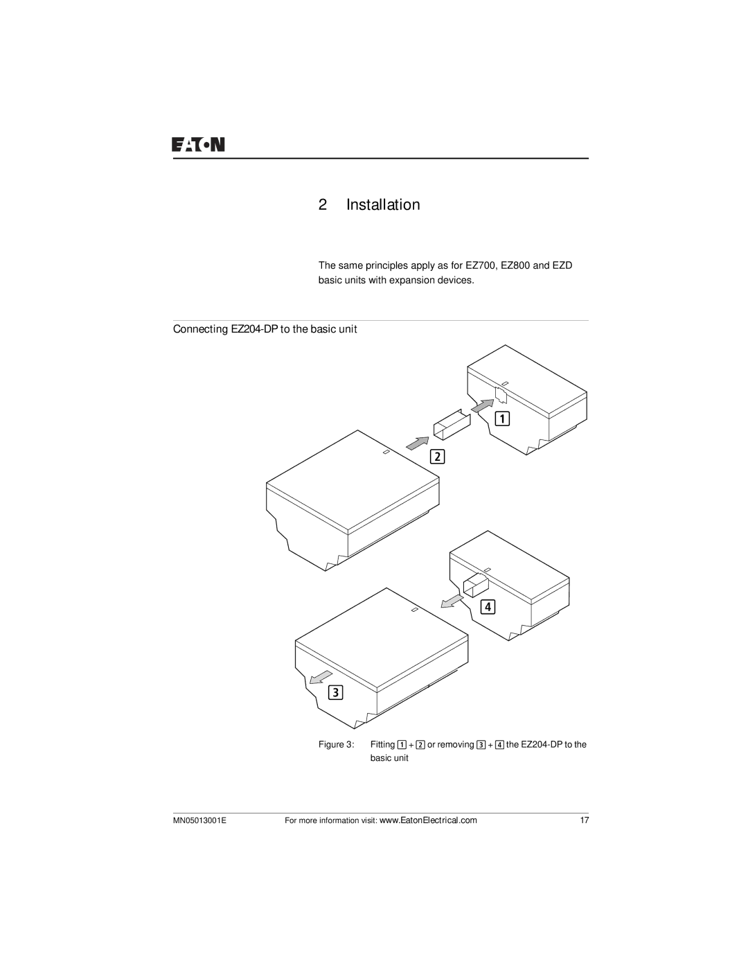 Eaton Electrical user manual Installation, Connecting EZ204-DP to the basic unit 