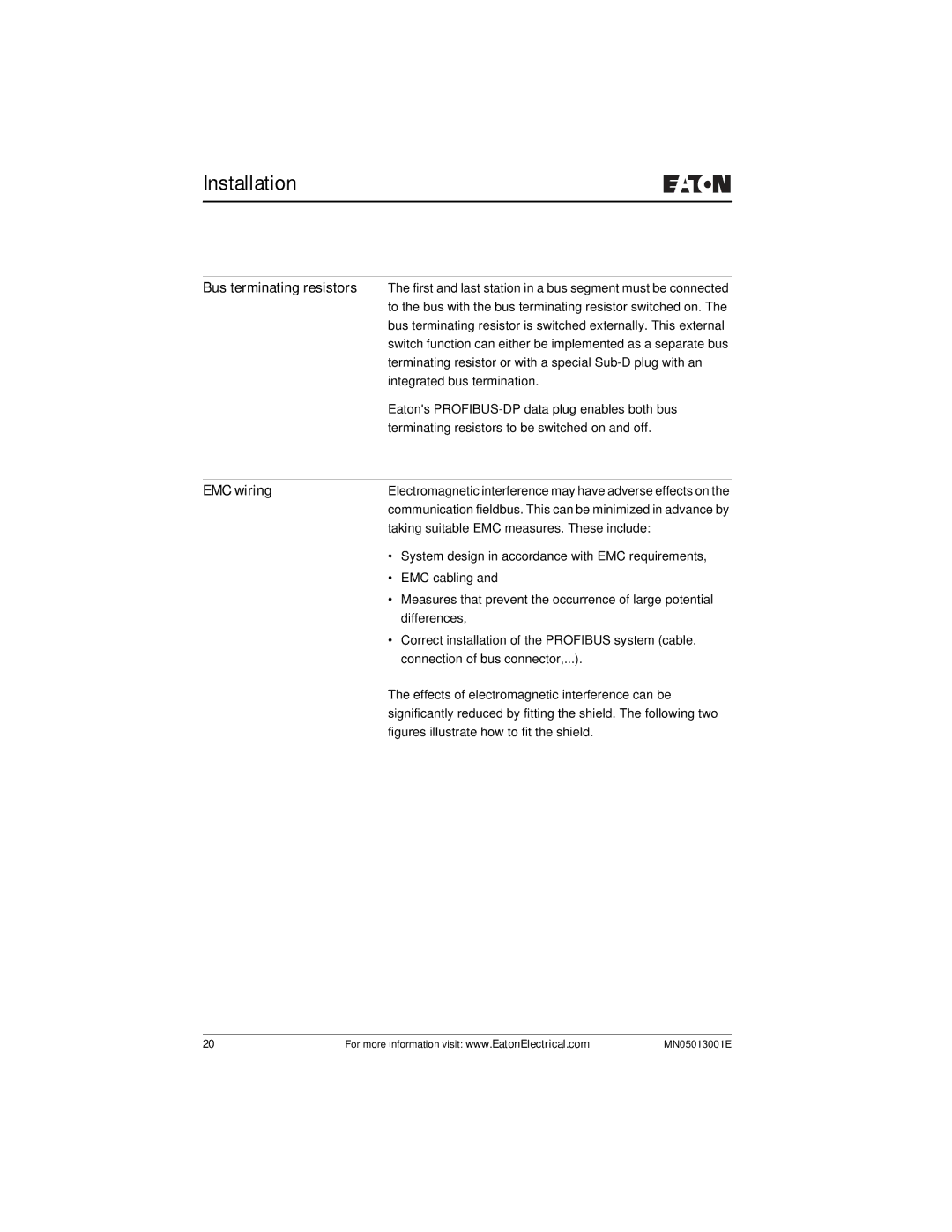 Eaton Electrical EZ204-DP user manual Bus terminating resistors, EMC wiring 