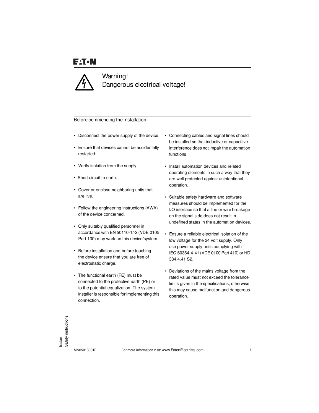 Eaton Electrical EZ204-DP user manual Before commencing the installation 