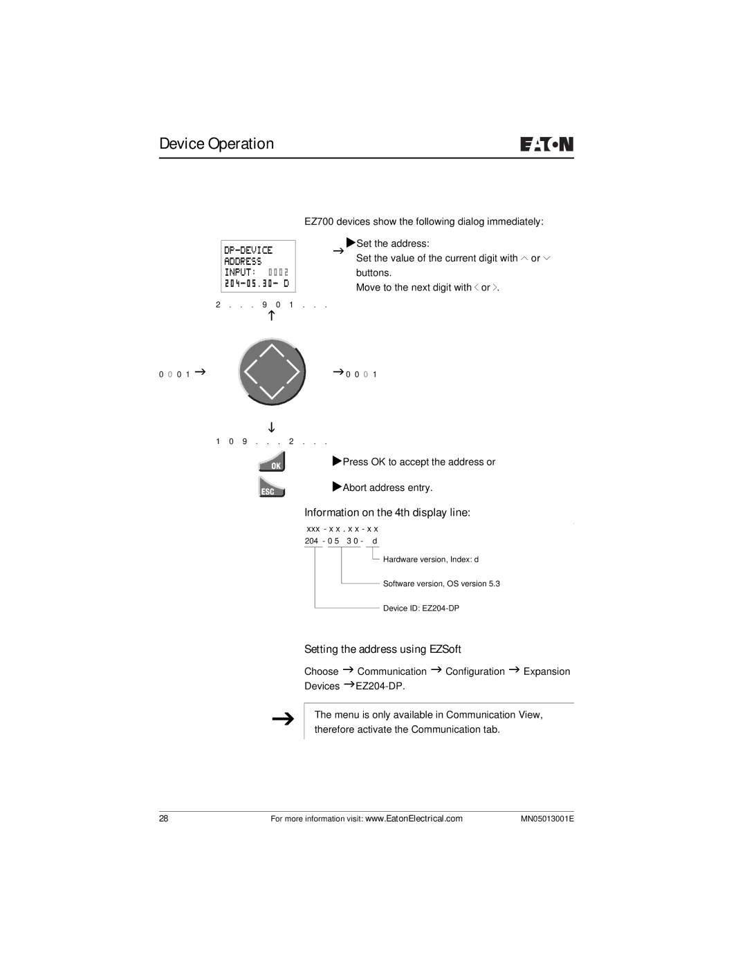 Eaton Electrical EZ204-DP user manual Information on the 4th display line, Setting the address using EZSoft 