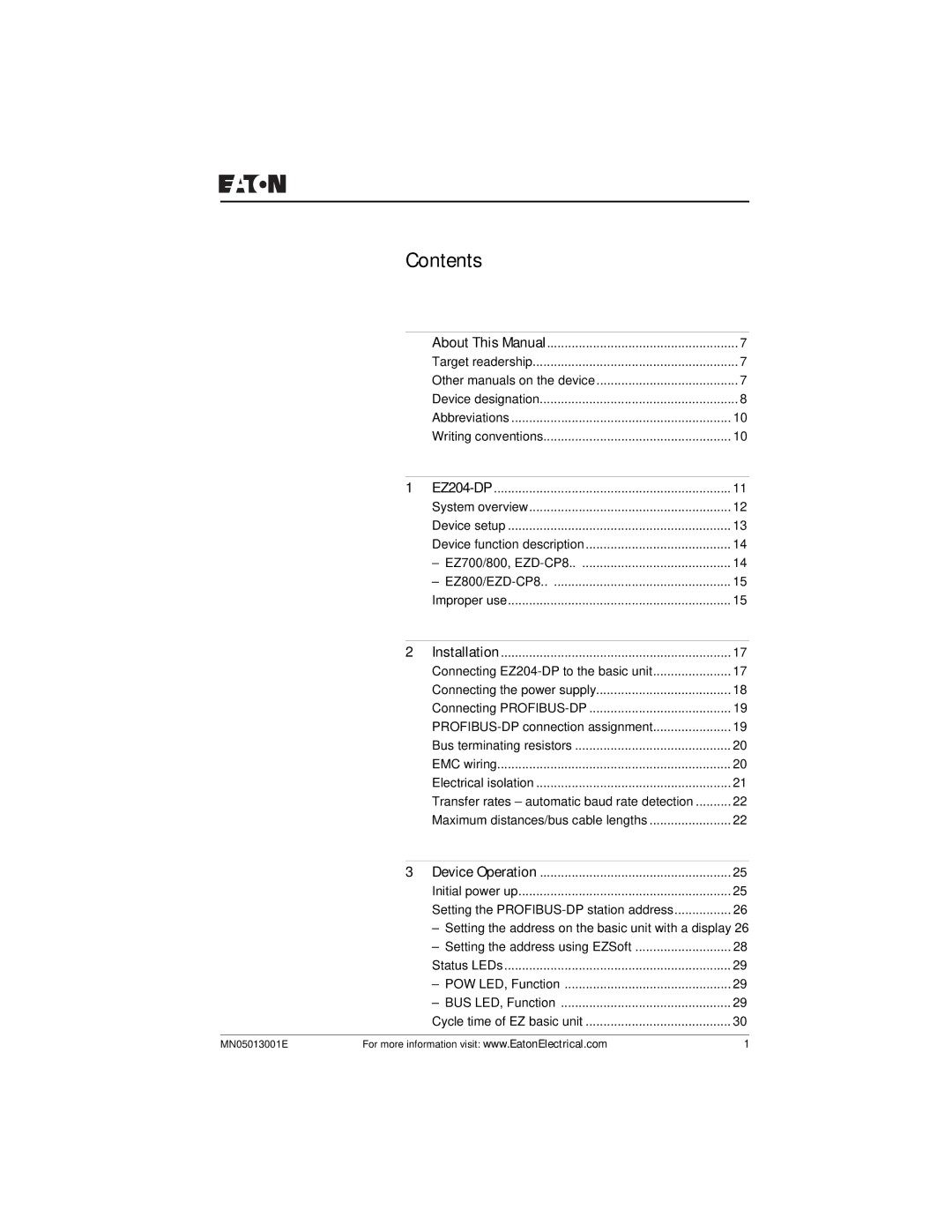 Eaton Electrical EZ204-DP user manual Contents 