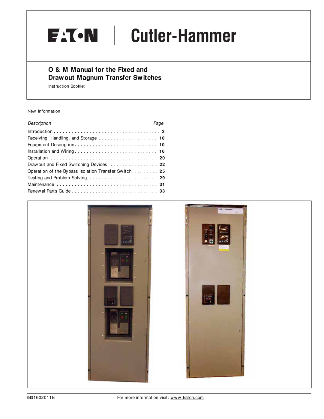 Eaton Electrical manual Manual for the Fixed and Drawout Magnum Transfer Switches 