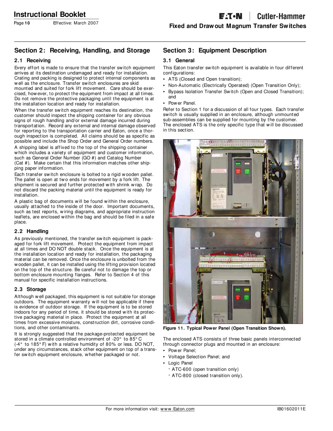 Eaton Electrical Magnum Transfer Switch manual Receiving, Handling, and Storage, Equipment Description 