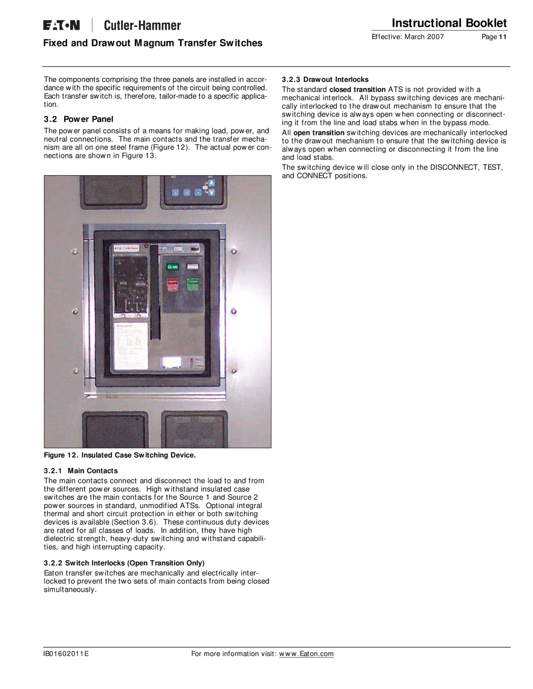 Eaton Electrical Magnum Transfer Switch manual Power Panel, Switch Interlocks Open Transition Only, Drawout Interlocks 