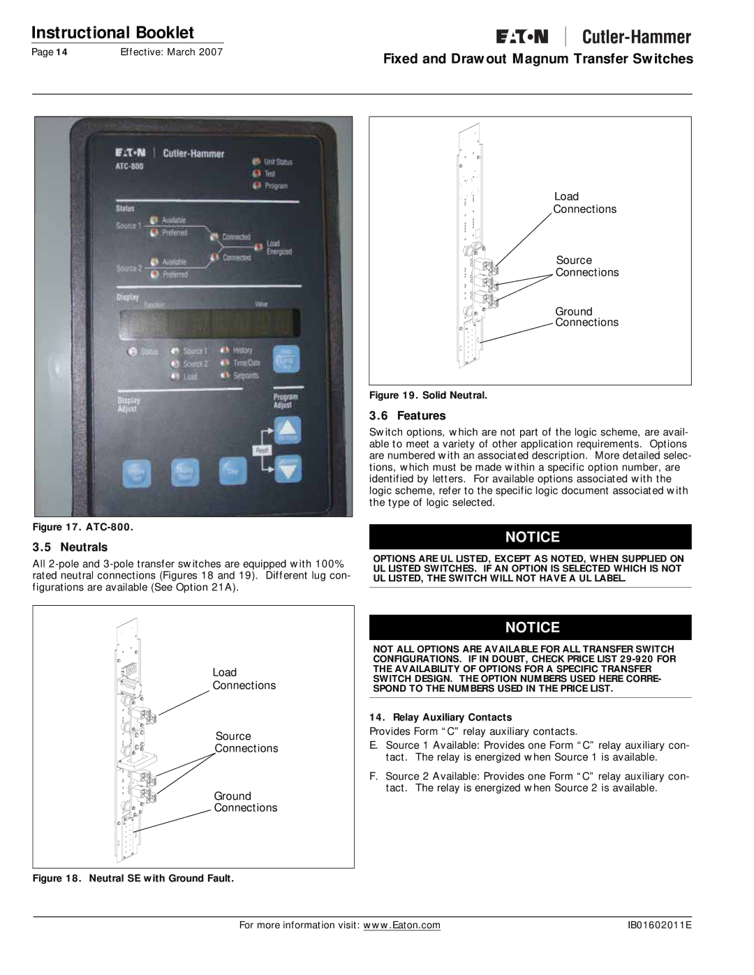 Eaton Electrical Magnum Transfer Switch manual Neutrals, Features, Relay Auxiliary Contacts 