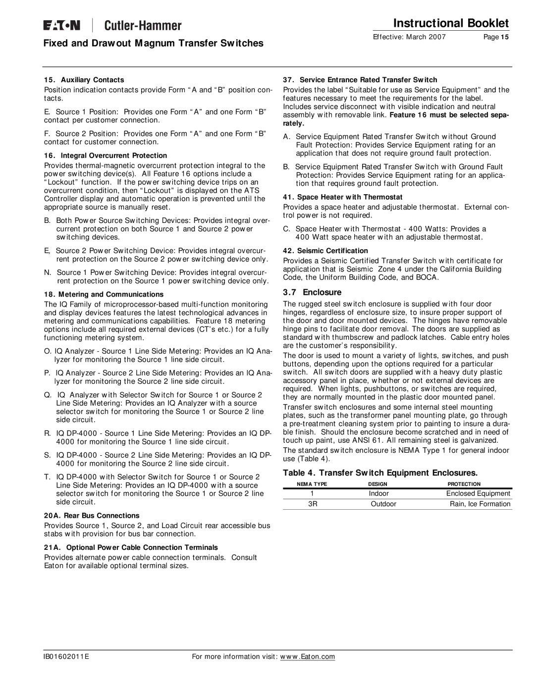 Eaton Electrical Magnum Transfer Switch manual Transfer Switch Equipment Enclosures 