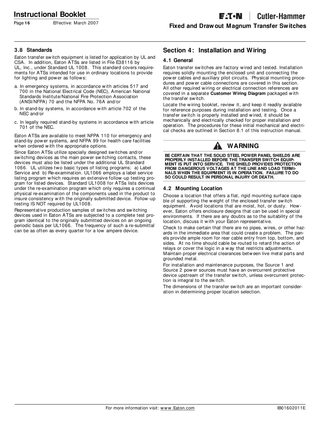 Eaton Electrical Magnum Transfer Switch manual Installation and Wiring, Standards, Mounting Location 