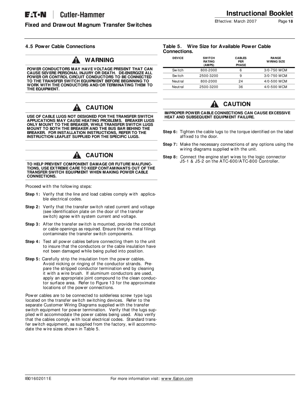 Eaton Electrical Magnum Transfer Switch manual Wire Size for Available Power Cable Connections 