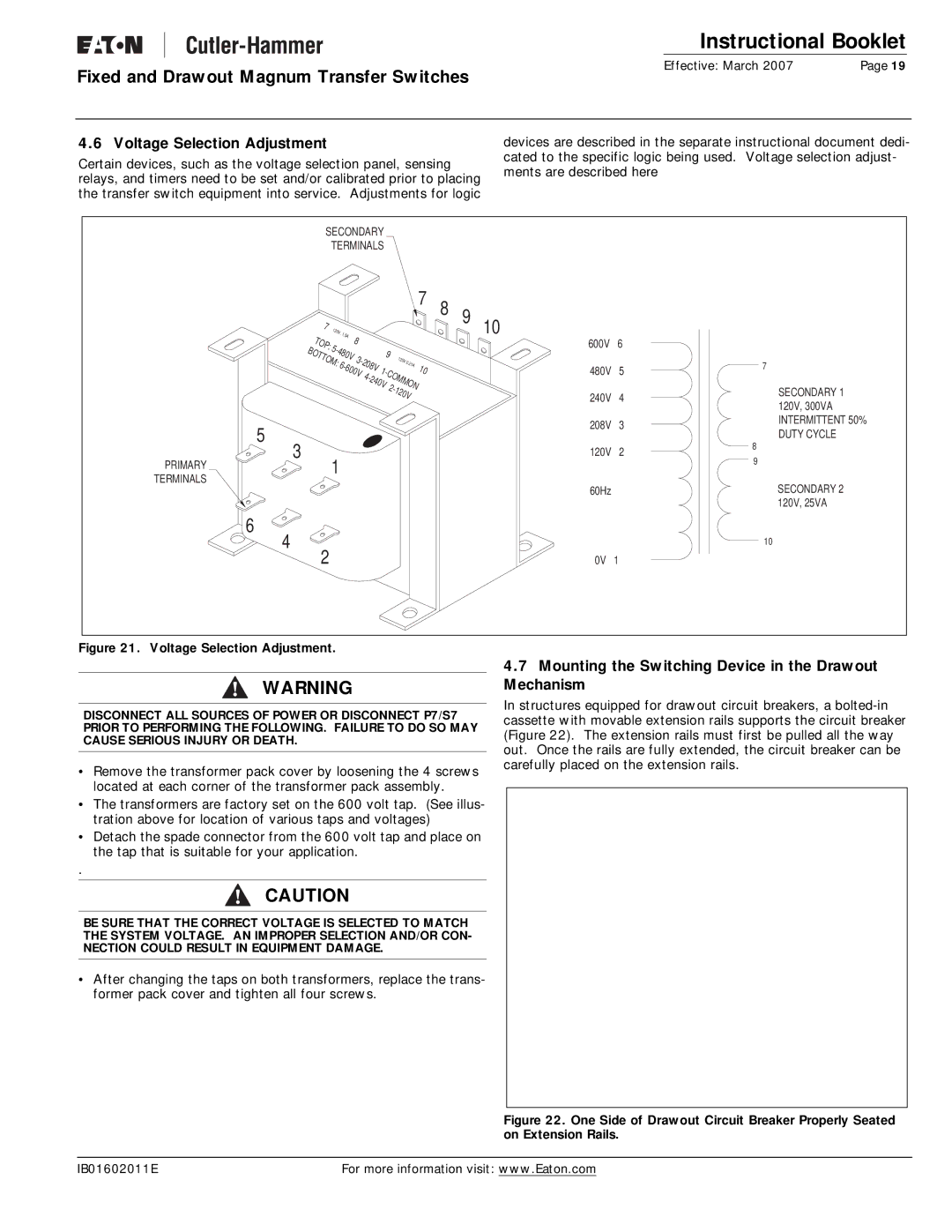 Eaton Electrical Magnum Transfer Switch manual Voltage Selection Adjustment 