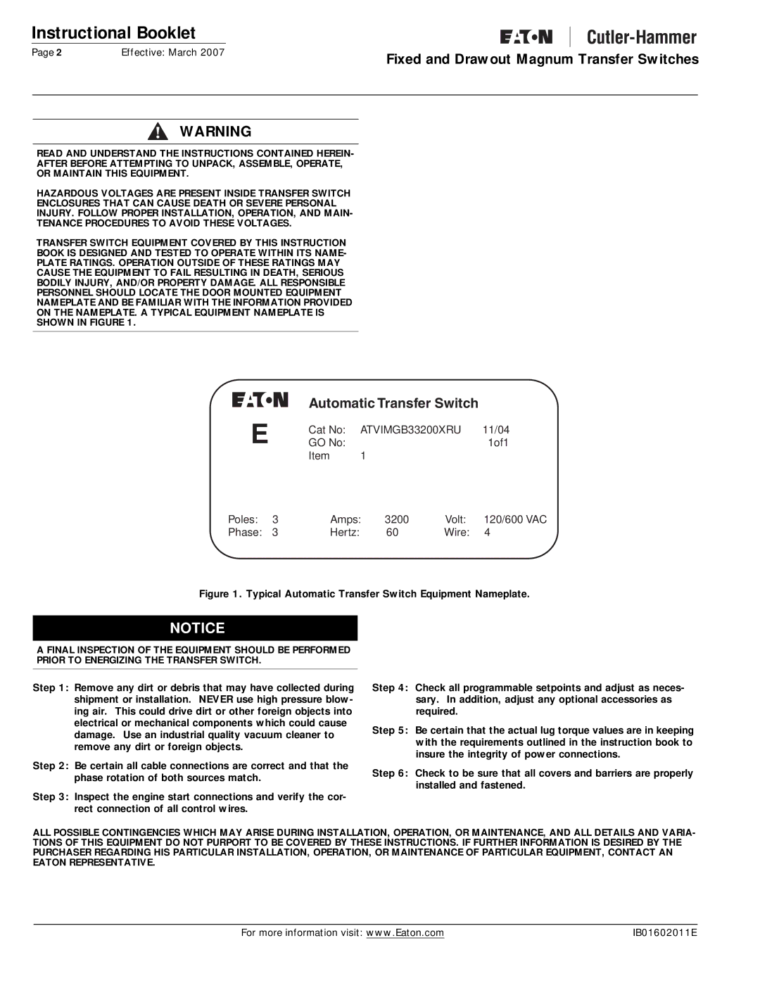 Eaton Electrical Magnum Transfer Switch manual Instructional Booklet 