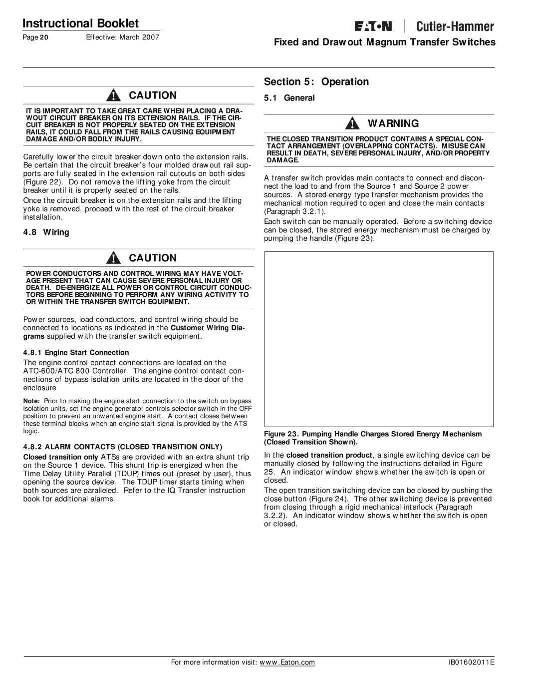 Eaton Electrical Magnum Transfer Switch manual Operation, Wiring, Engine Start Connection 