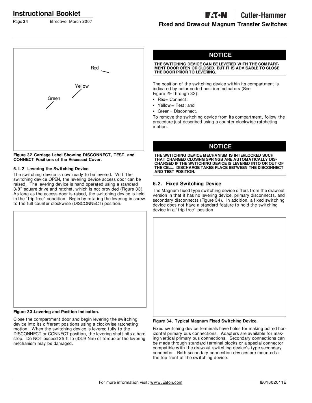 Eaton Electrical Magnum Transfer Switch manual Fixed Switching Device, Levering and Position Indication 