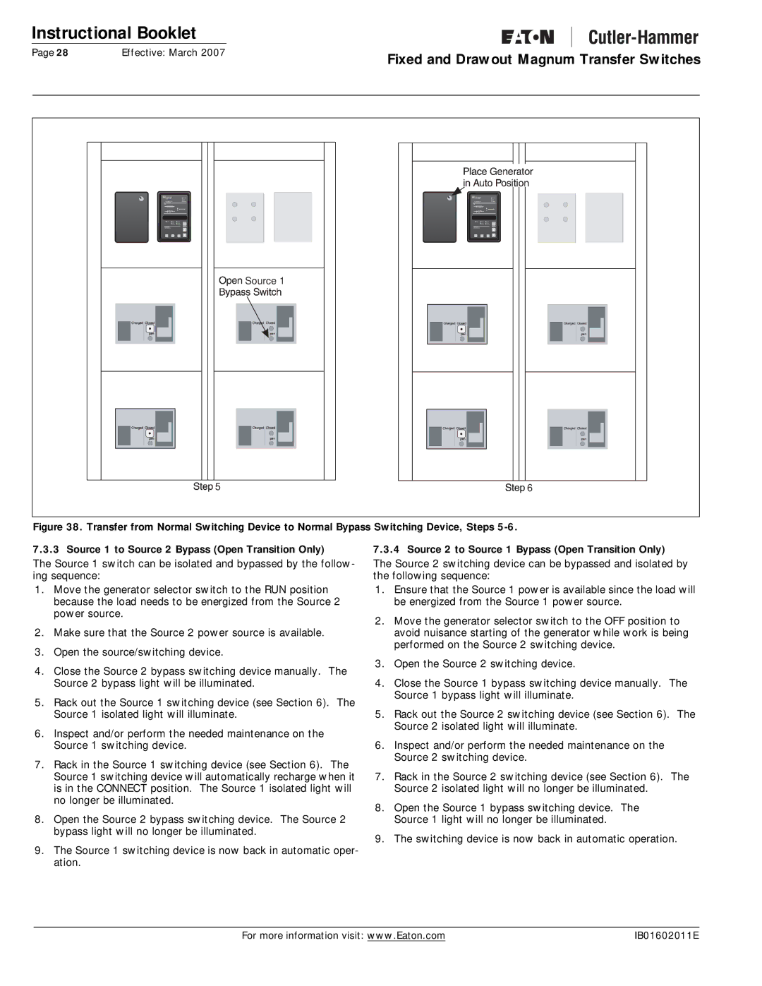 Eaton Electrical Magnum Transfer Switch manual Source 2 to Source 1 Bypass Open Transition Only 