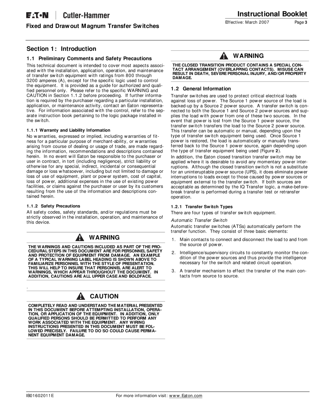 Eaton Electrical Magnum Transfer Switch Introduction, Preliminary Comments and Safety Precautions, General Information 