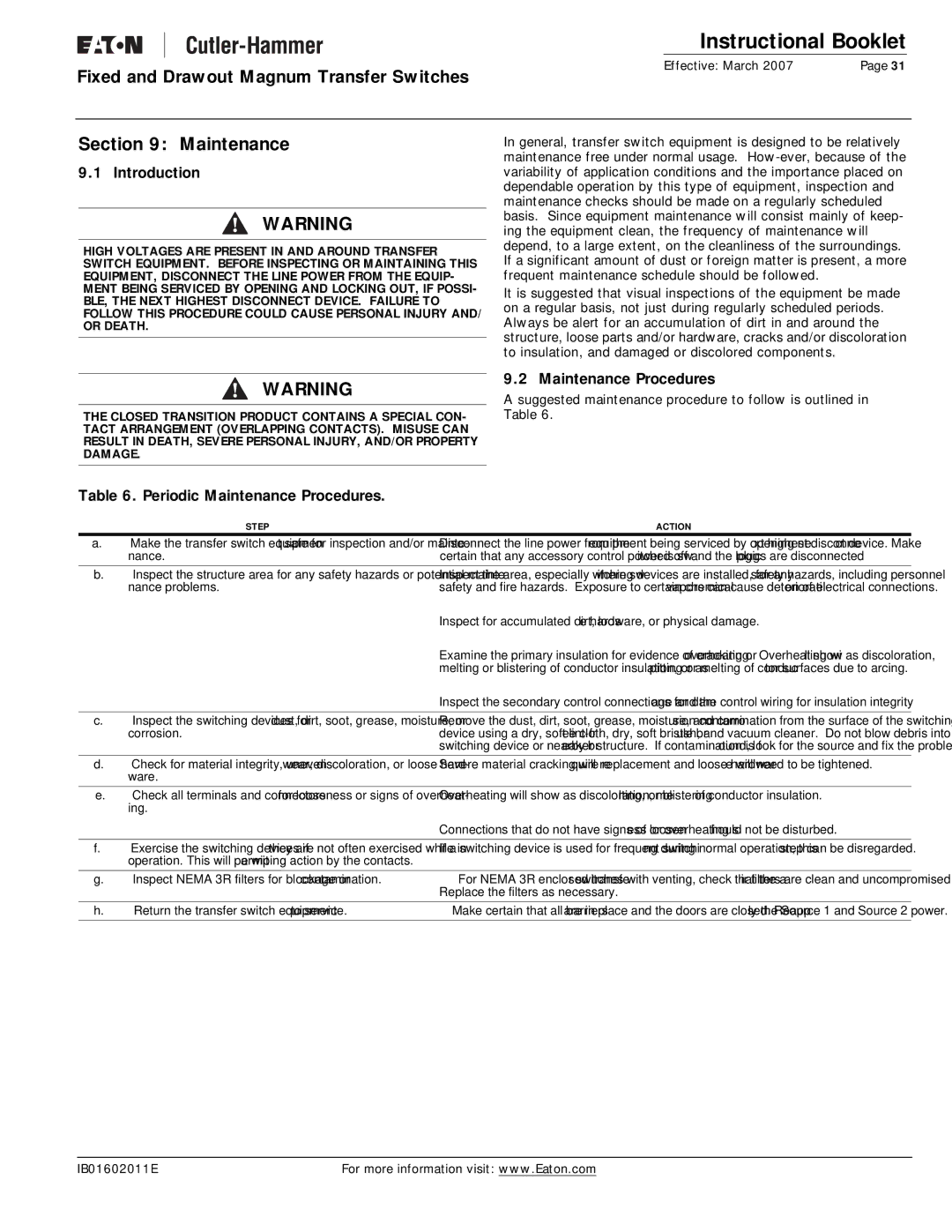 Eaton Electrical Magnum Transfer Switch manual Introduction, Periodic Maintenance Procedures 