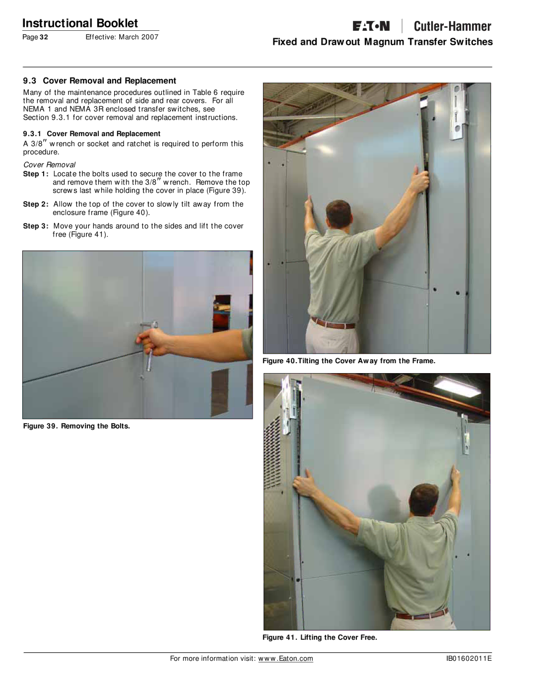 Eaton Electrical Magnum Transfer Switch manual Cover Removal and Replacement 