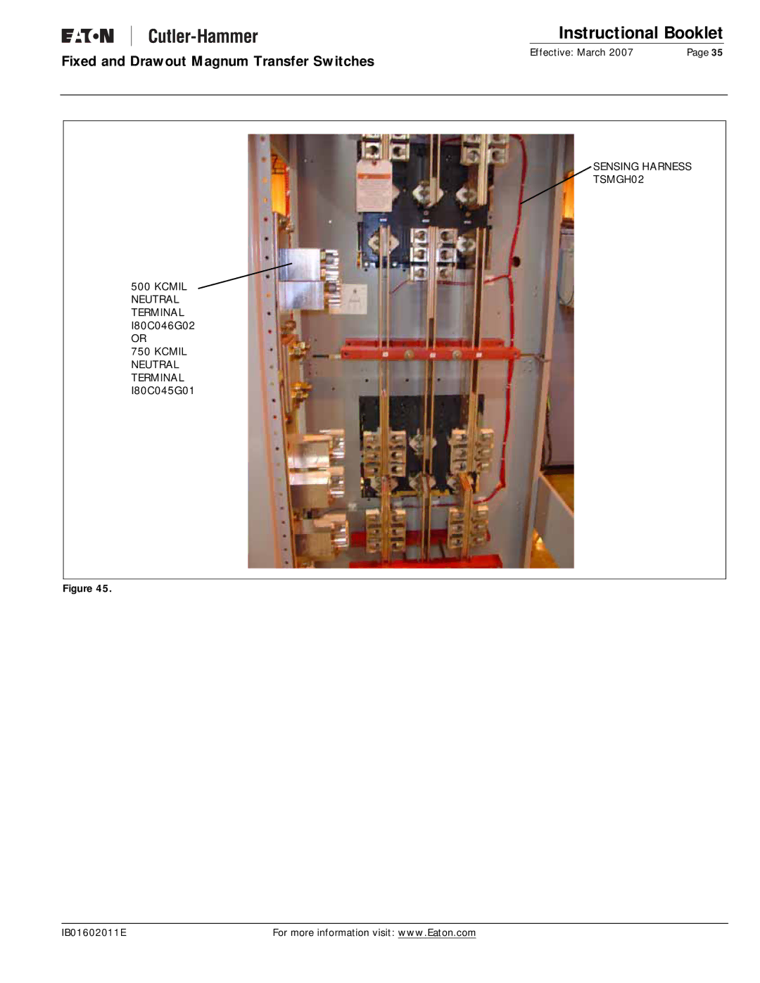 Eaton Electrical Magnum Transfer Switch manual Sensing Harness TSMGH02 Kcmil Neutral Terminal 