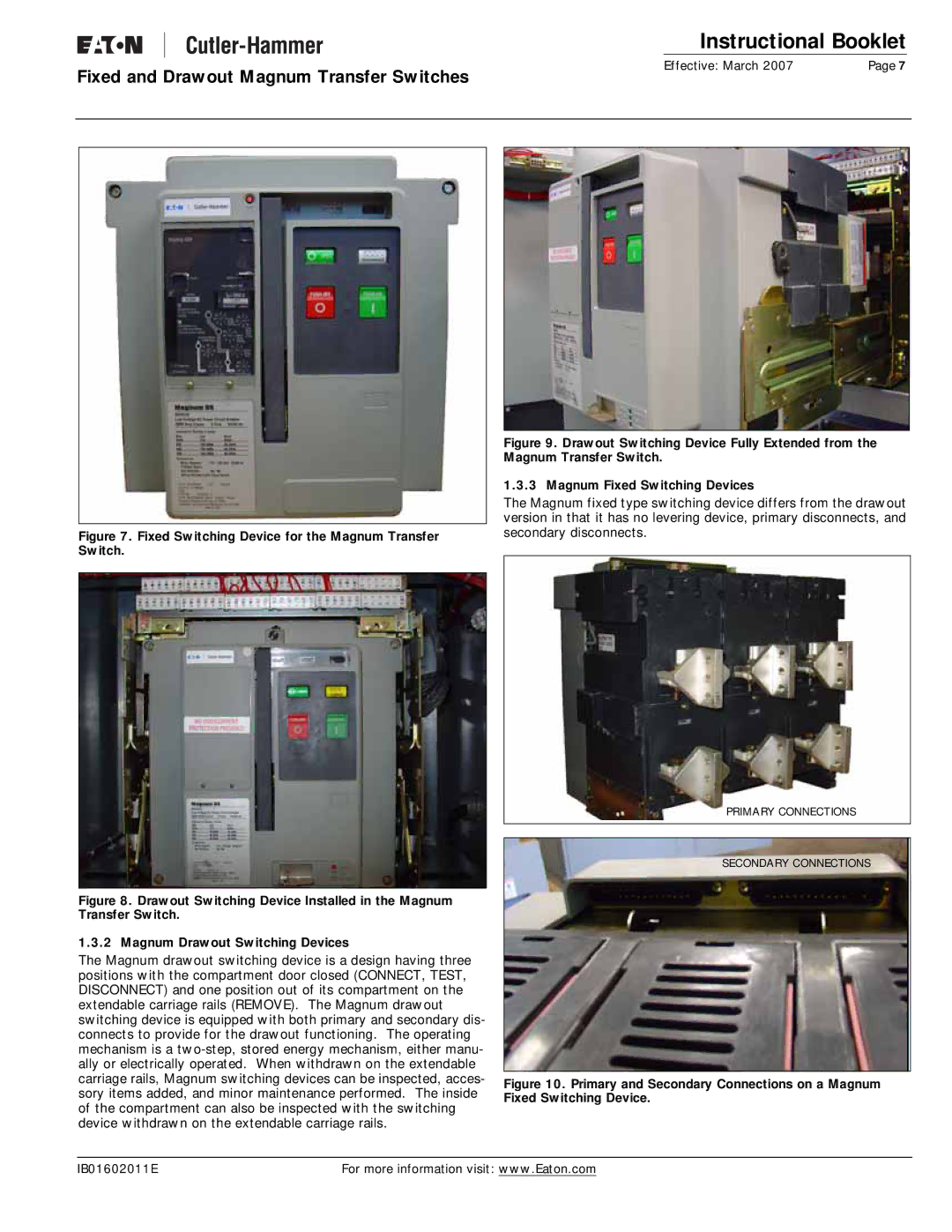 Eaton Electrical manual Fixed Switching Device for the Magnum Transfer Switch 