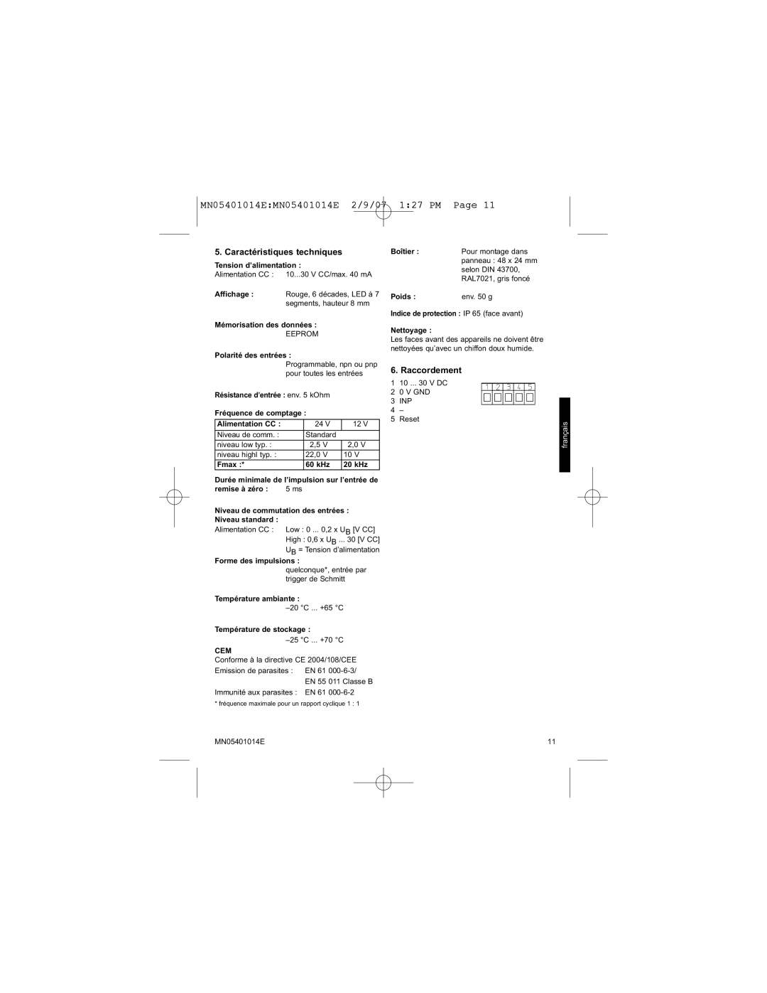 Eaton Electrical MN05401014E manual Caractéristiques techniques, Raccordement 