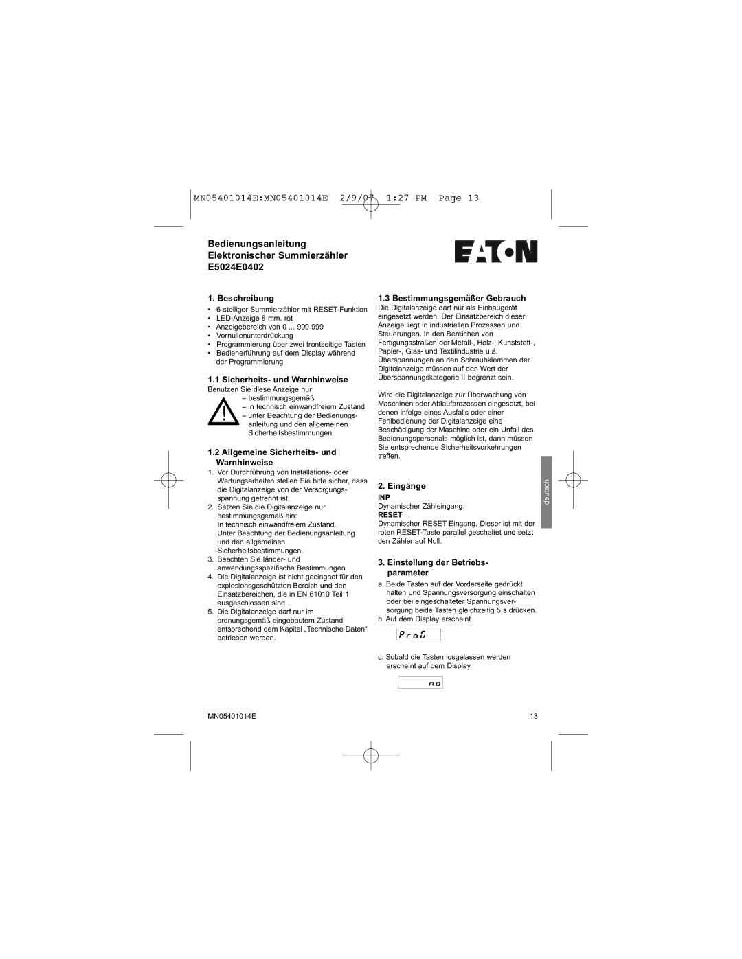 Eaton Electrical MN05401014E manual Beschreibung, Allgemeine Sicherheits- und Warnhinweise, Bestimmungsgemäßer Gebrauch 