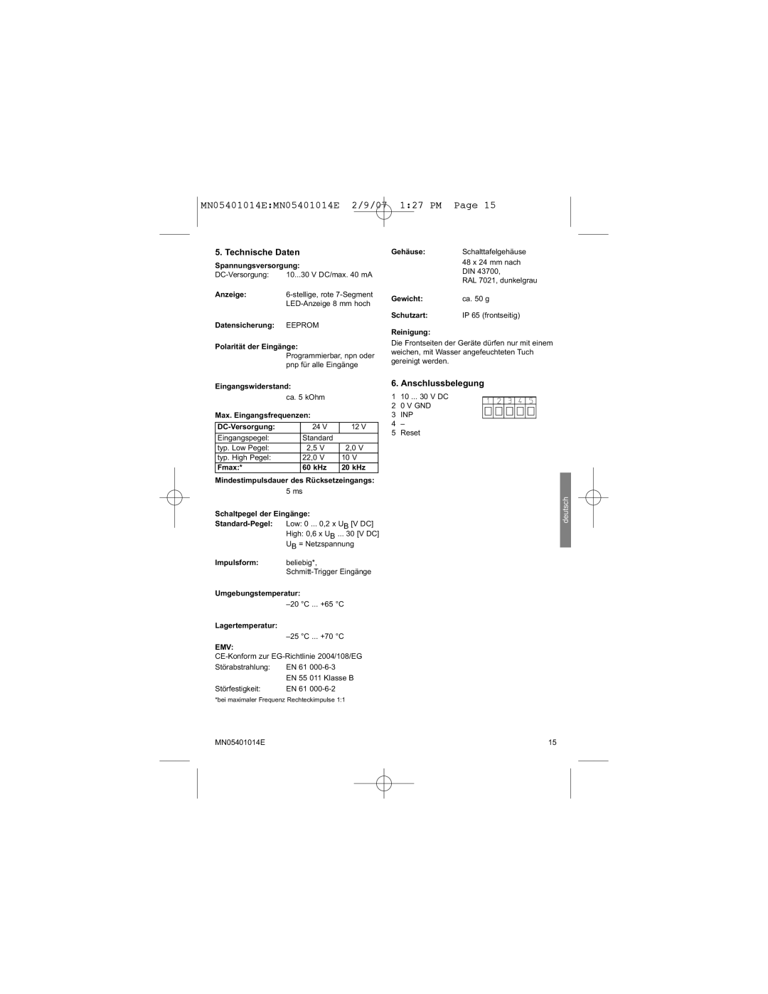 Eaton Electrical MN05401014E manual Technische Daten, Anschlussbelegung 