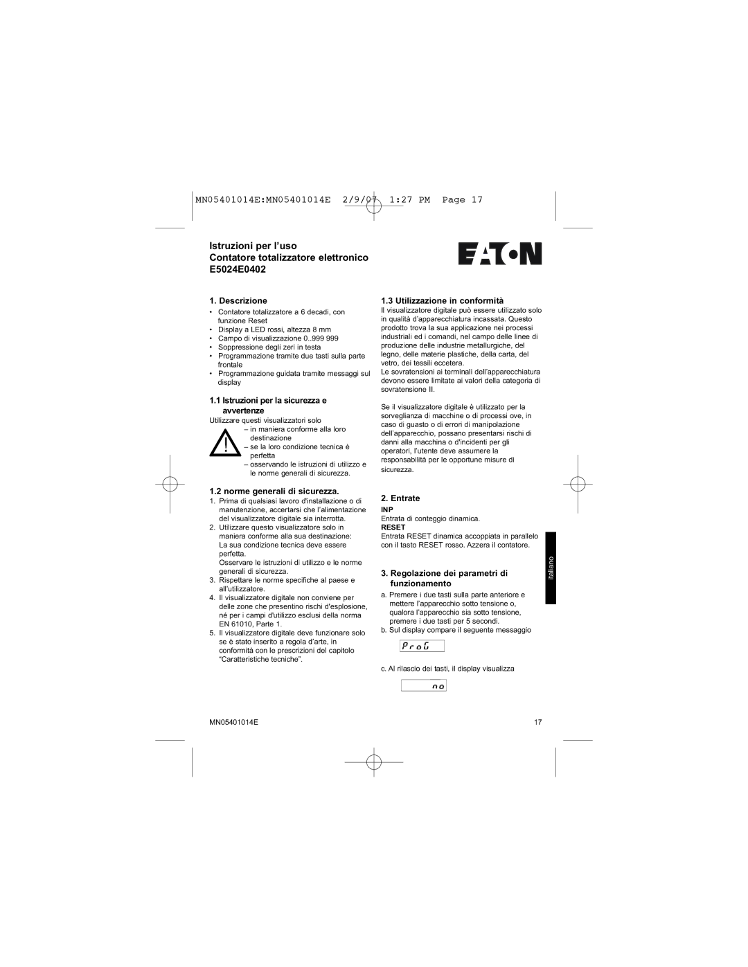 Eaton Electrical MN05401014E Descrizione, Utilizzazione in conformità, Istruzioni per la sicurezza e avvertenze, Entrate 