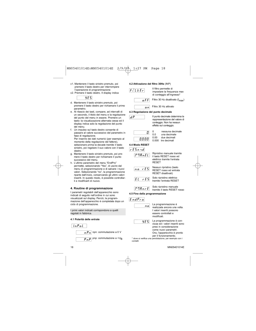 Eaton Electrical MN05401014E manual Routine di programmazione, Polarità delle entrate, Attivazione del filtro 30Hz INP 