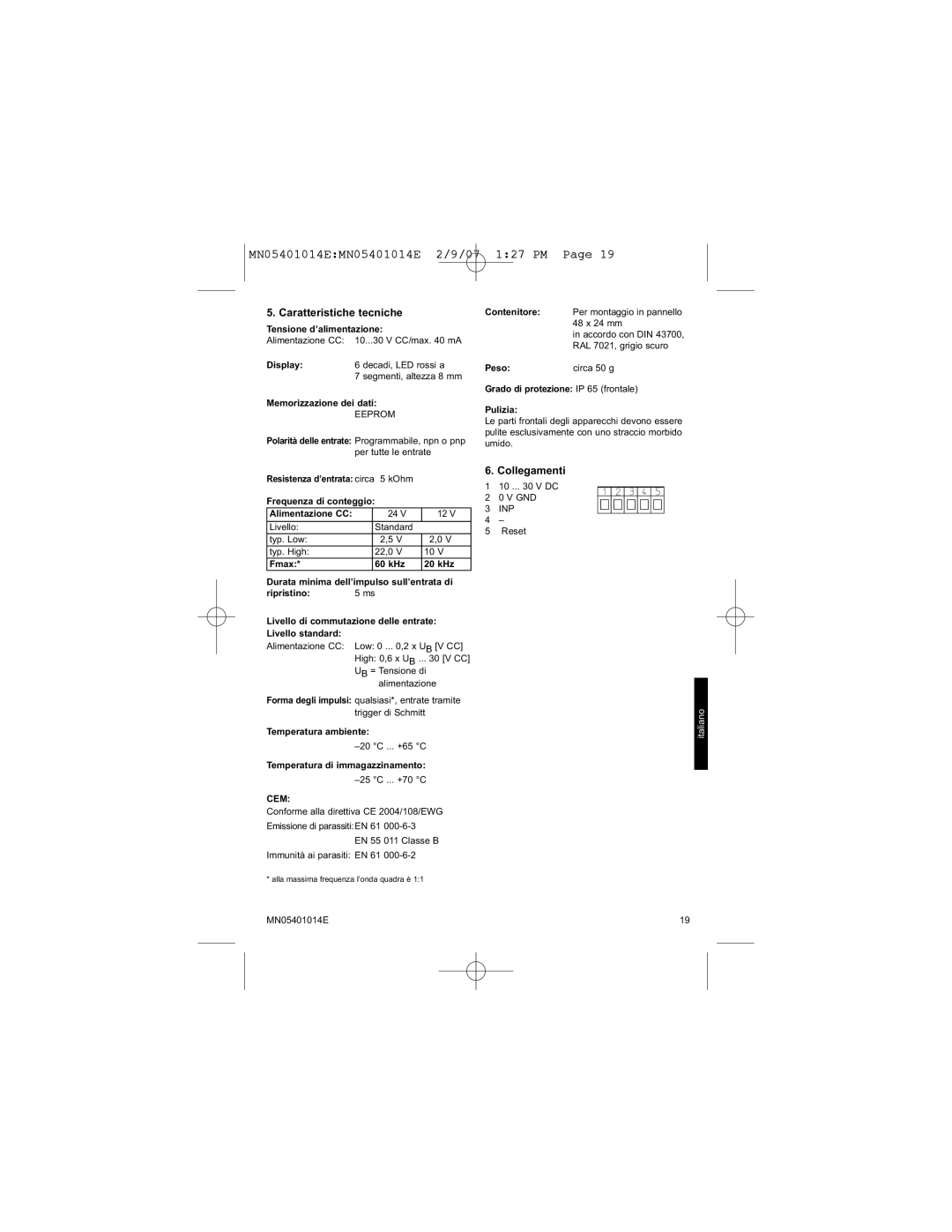 Eaton Electrical MN05401014E manual Caratteristiche tecniche, Collegamenti 