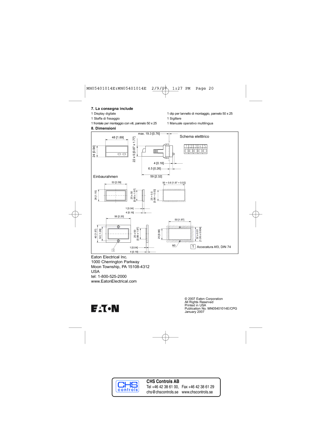 Eaton Electrical MN05401014E manual La consegna include, Dimensioni 