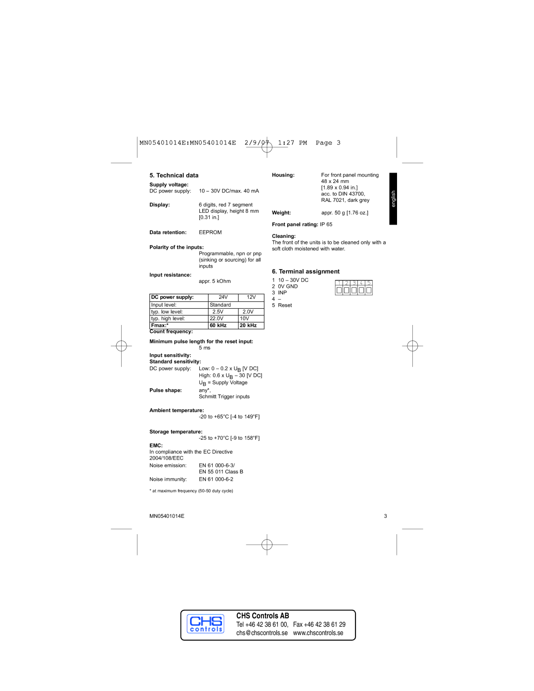 Eaton Electrical MN05401014E manual Technical data, Terminal assignment 