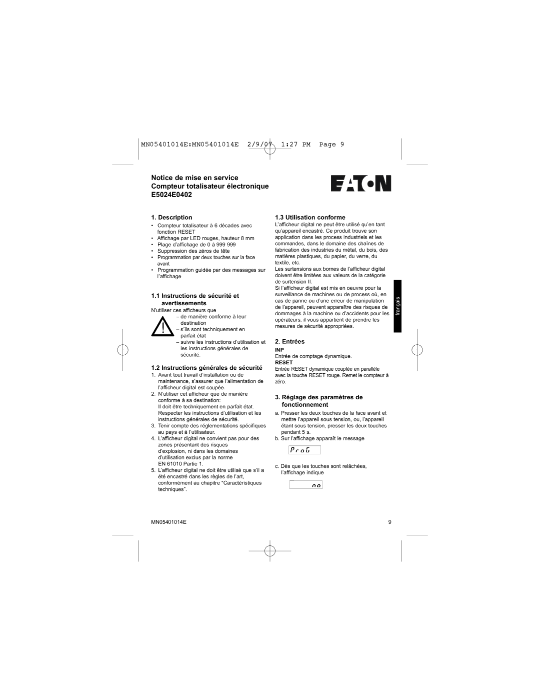 Eaton Electrical MN05401014E manual Instructions de sécurité et avertissements, Instructions générales de sécurité, Entrées 