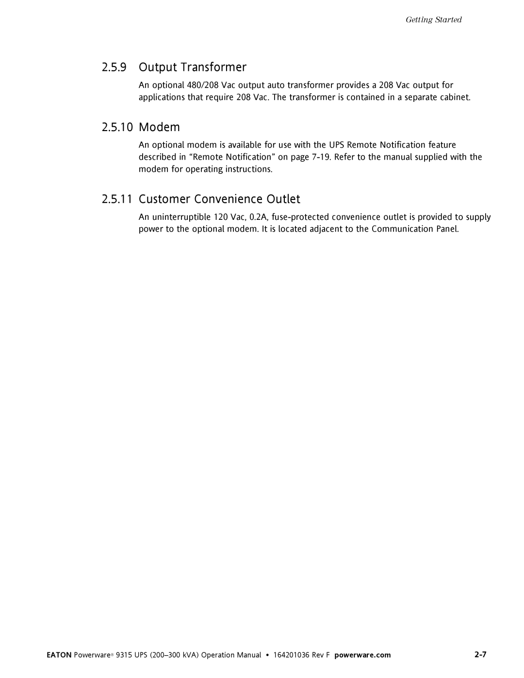 Eaton Electrical Powerware 9315 operation manual Output Transformer, Modem, Customer Convenience Outlet 