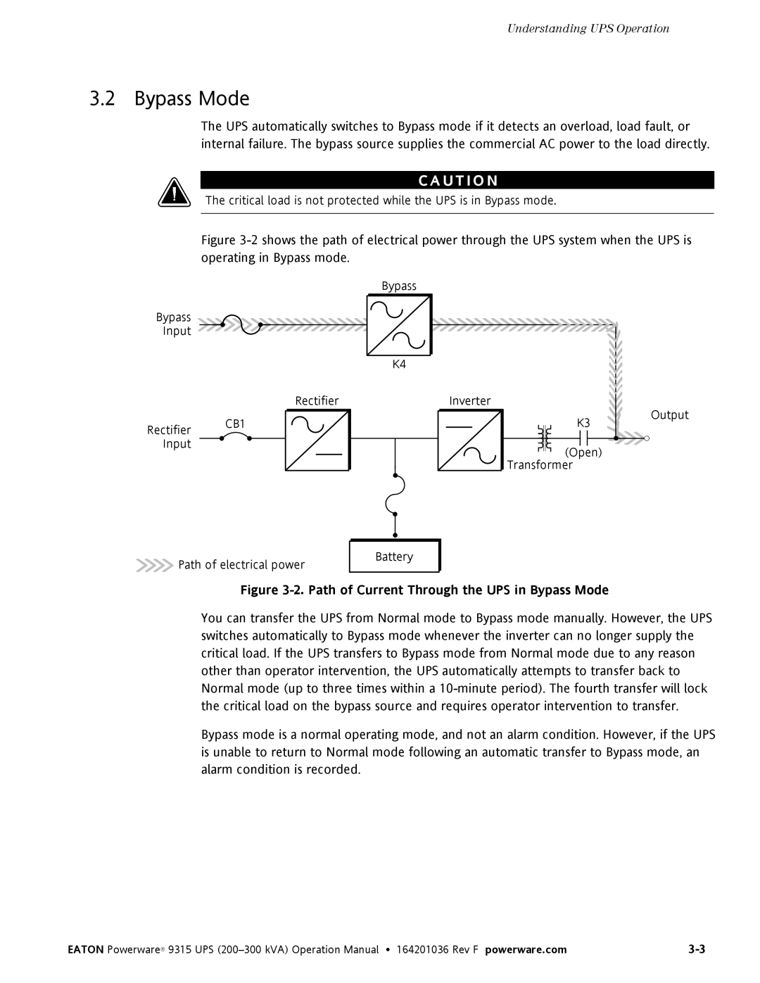 Eaton Electrical Powerware 9315 operation manual Path of Current Through the UPS in Bypass Mode 