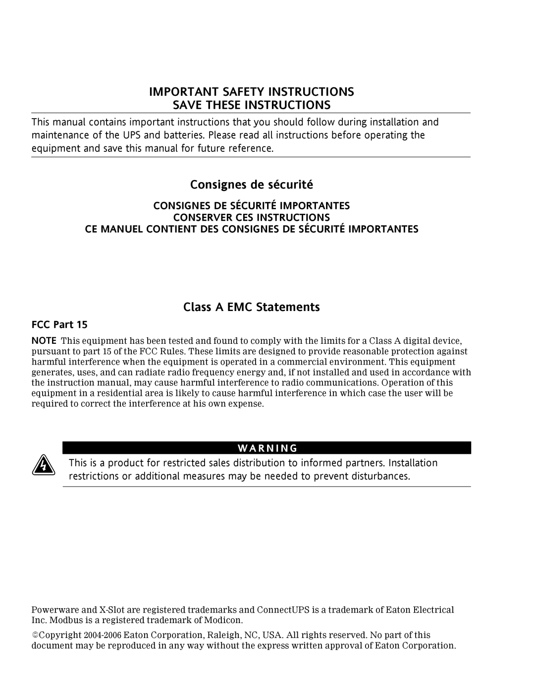 Eaton Electrical Powerware 9315 operation manual Important Safety Instructions 