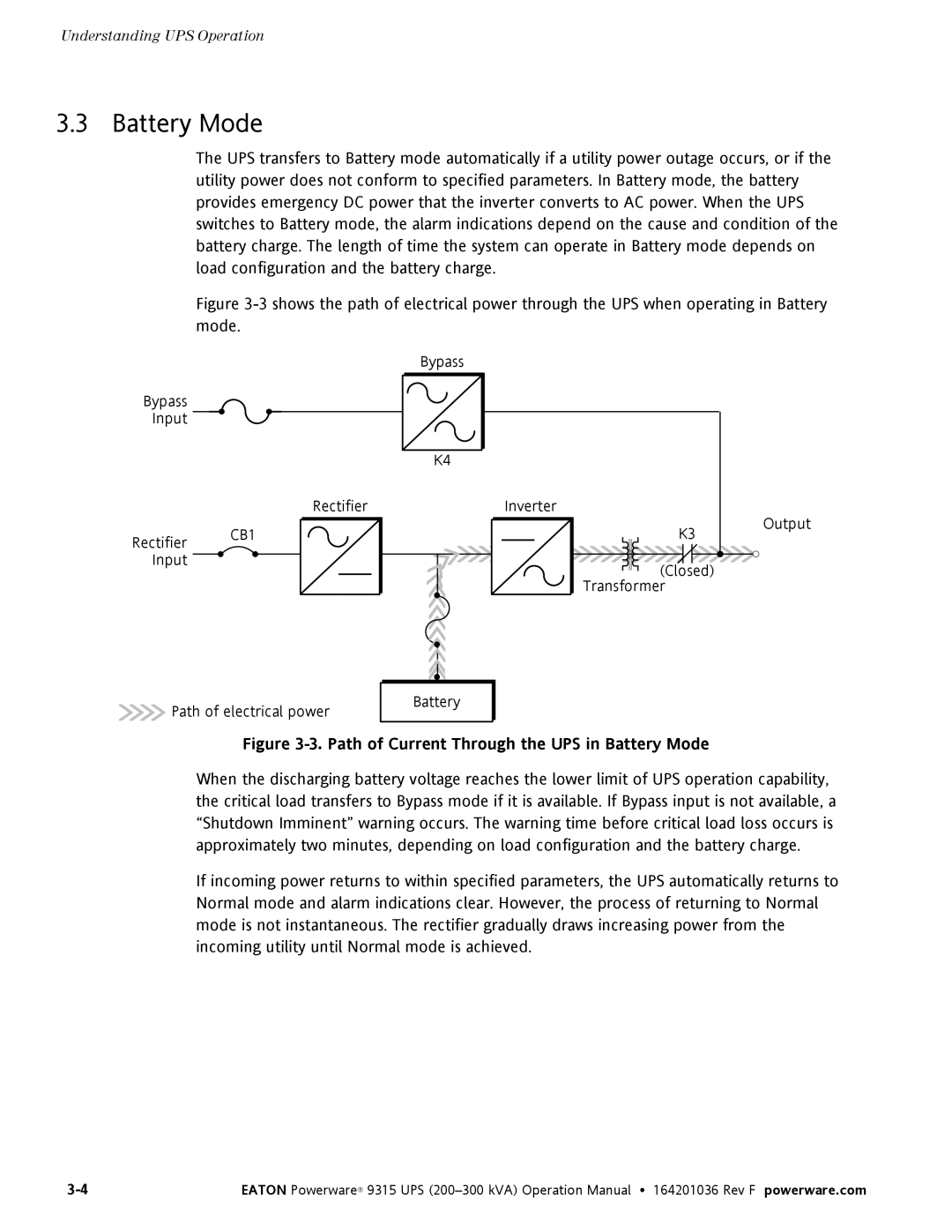 Eaton Electrical Powerware 9315 operation manual Path of Current Through the UPS in Battery Mode 